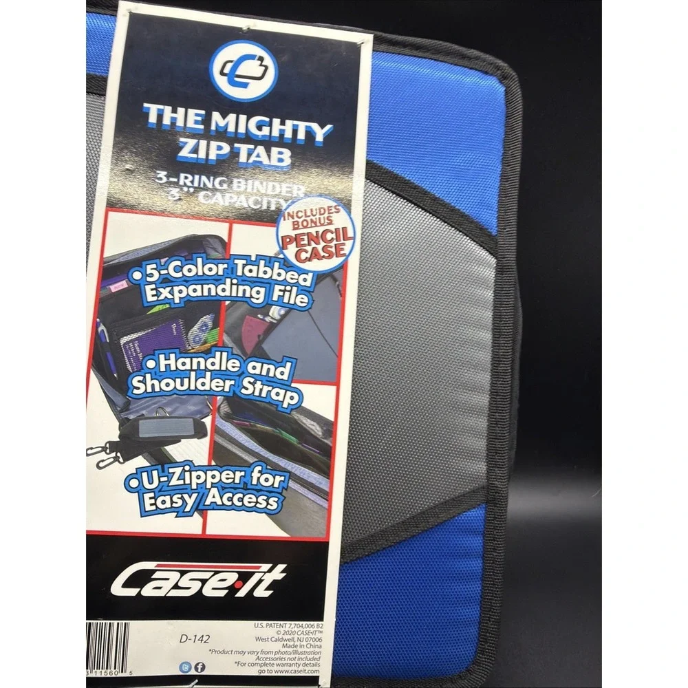 Case•it D-142 Mighty Zip Tab 3-Ring Binder Blue, 5-Color File, Handle, Strap